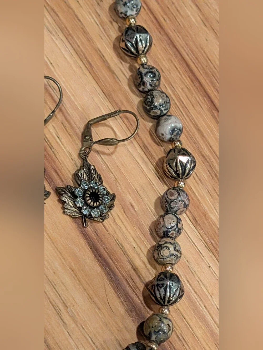 Leaf Pendant Bead Necklace and Earrings Set - Antiqued Gold and Jasper Stone
